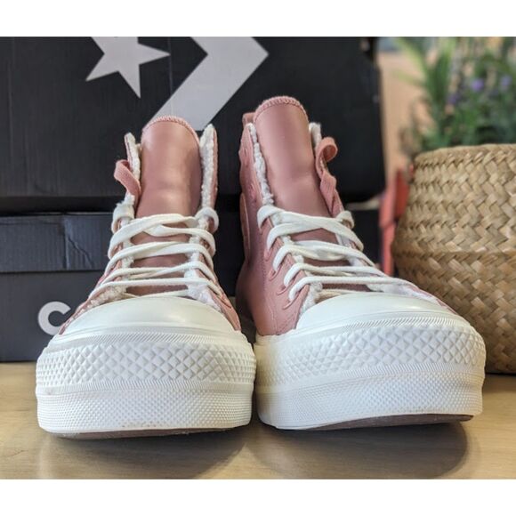 Converse CTAS Lift Platform Sherpa Lined Rust Pink Leather Hi Tops Size W9.5 NIB - Picture 6 of 12
